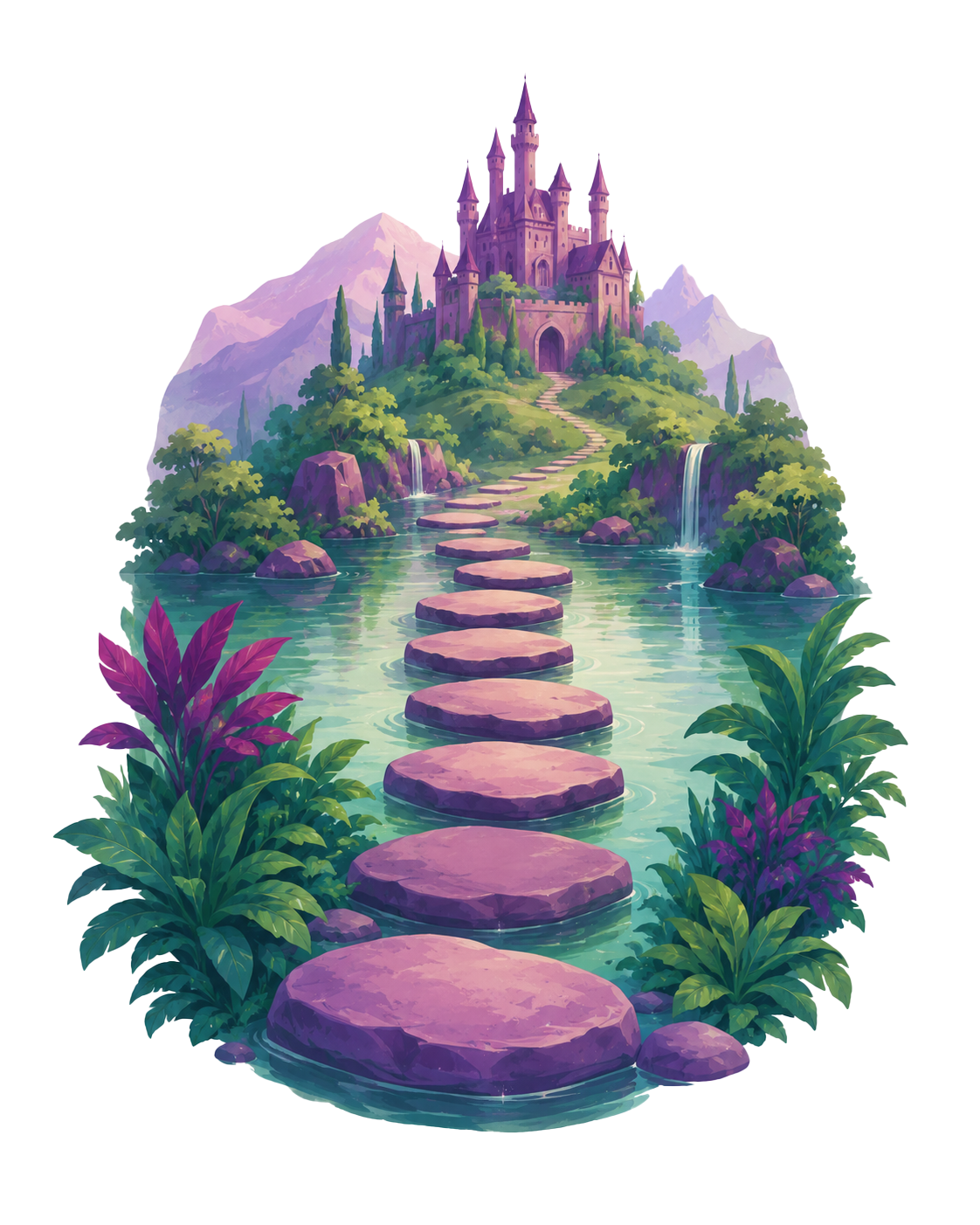 A fairytale castle across stepping stones